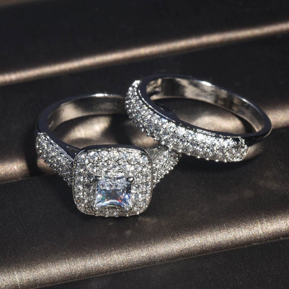 *NEW 925 Sterling Silver Princess Halo Ring Set - Picture 6 of 10